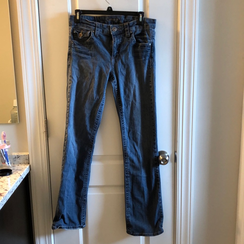 2000s Long flare dark wash jeans